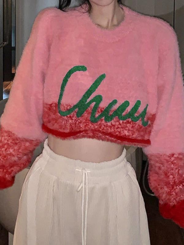 Contrast Color Jacquard Splice Loose Short Sweater Product Image