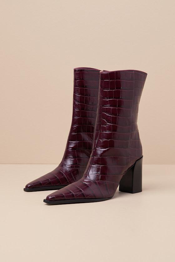 Raffaela Merlot Wine Leather Croc-Embossed Ankle Boots Product Image
