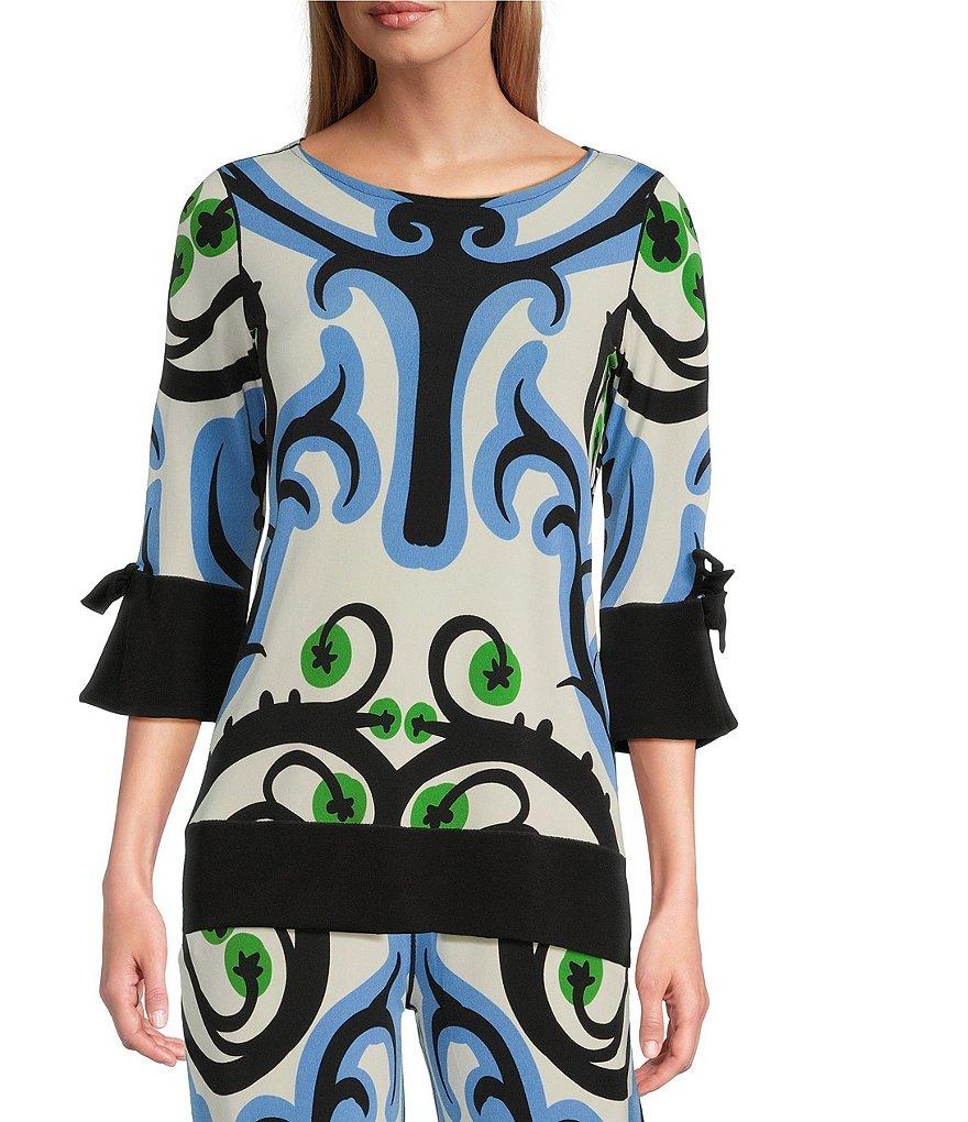 Eva Varro Baroque Print Knit Jersey Boat Neck 3/4 Tie Sleeve Tunic Product Image
