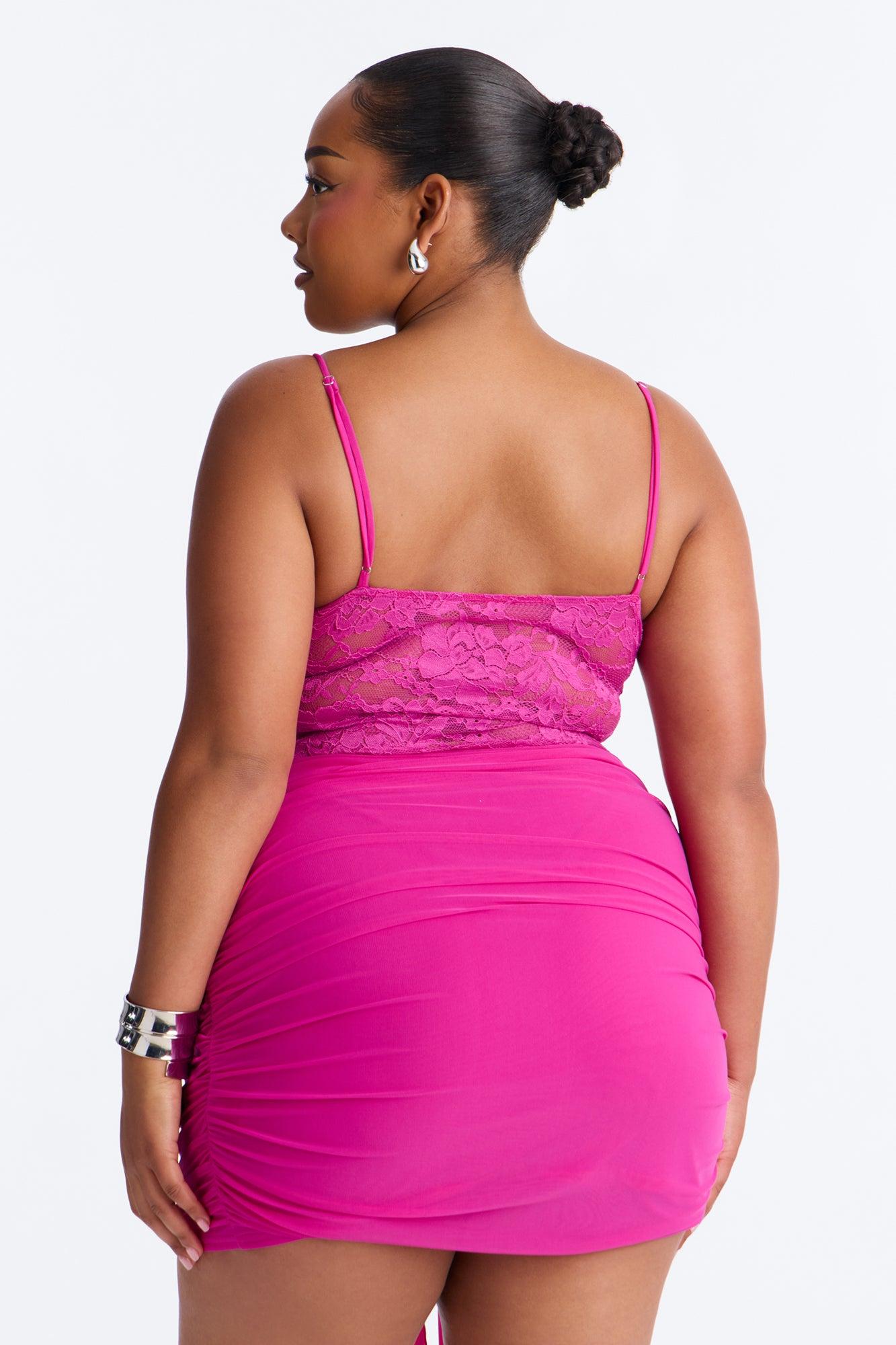 Madison Lace Cut Out Mesh Mini Dress - Fuchsia Female Product Image