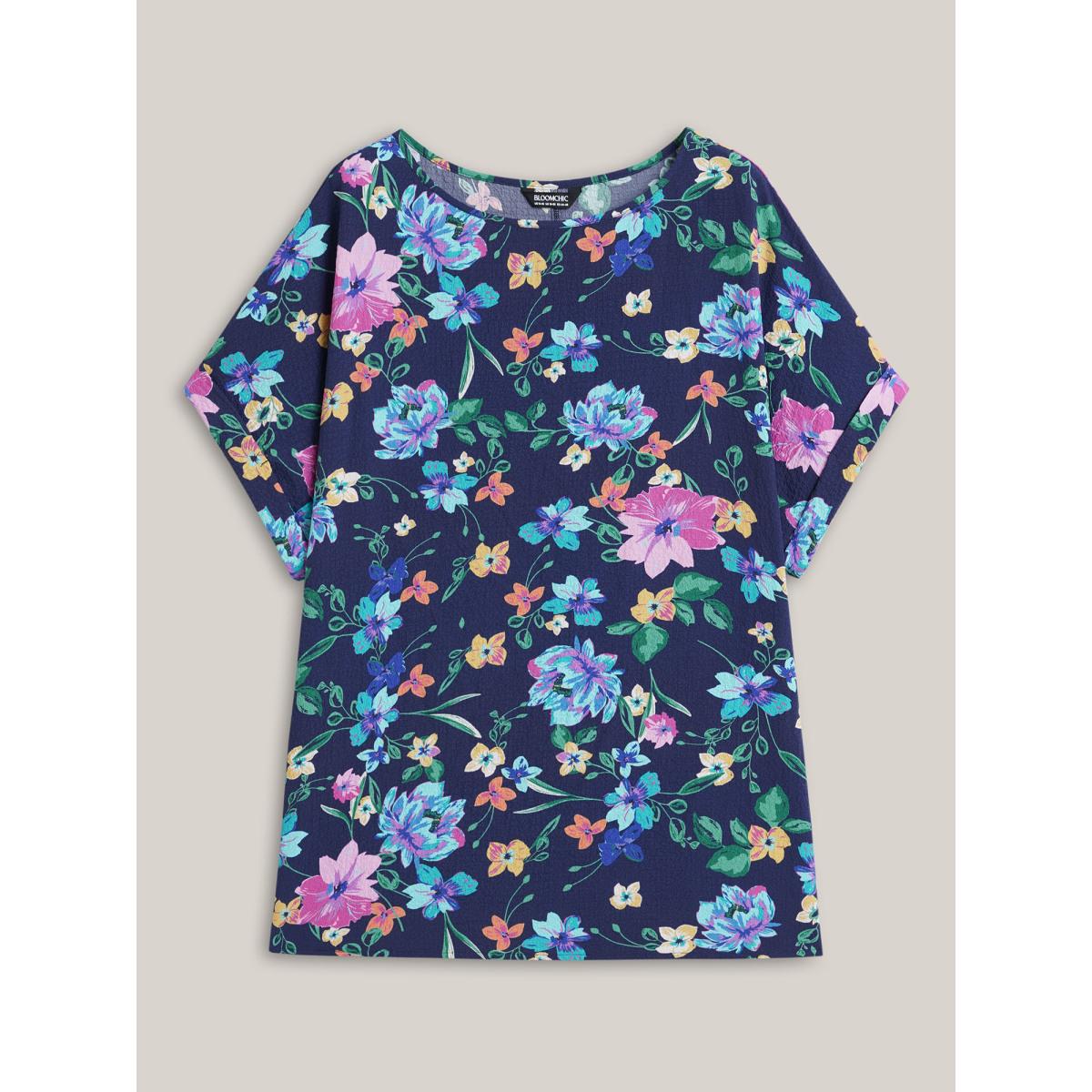 Plus Size Indigo Floral Affair Print Wrinkled Fabric Blouse Women Playful Short sleeve Round Neck Casual Blouses BloomChic 22-24/3X Product Image