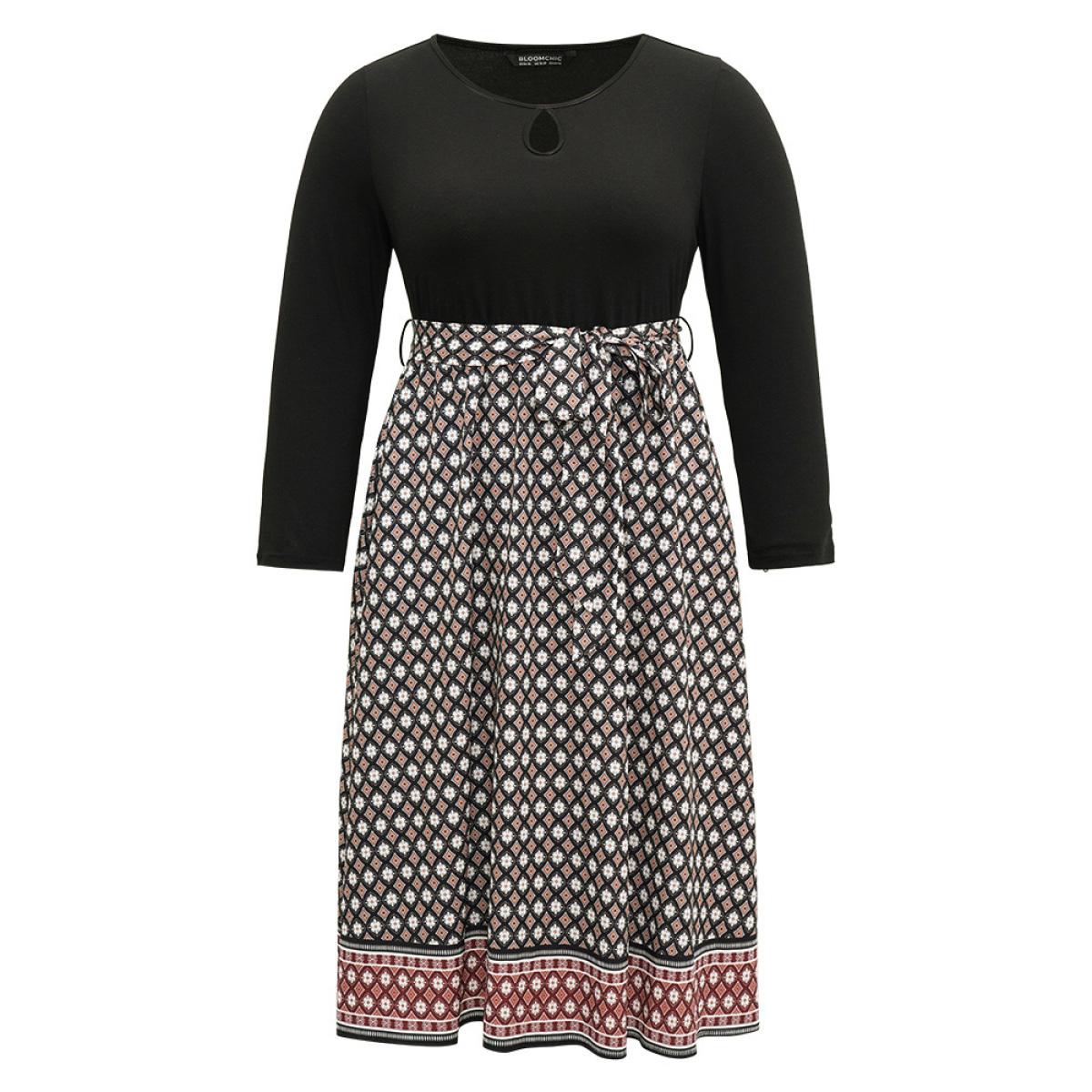 Plus Size Geometric Patchwork Cut Out Belted Dress Black Women Vacation Printed Round Neck Long Sleeve Curvy Midi Dress BloomChic 28/5X Product Image