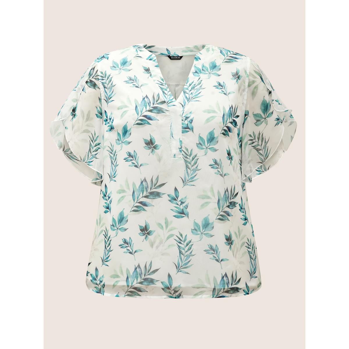 Plus Size Emerald Chiffon Tropical Print Petal Sleeve Blouse Women Elegant Half Sleeve Flat collar with V-notch Everyday Blouses BloomChic 30/6X Product Image