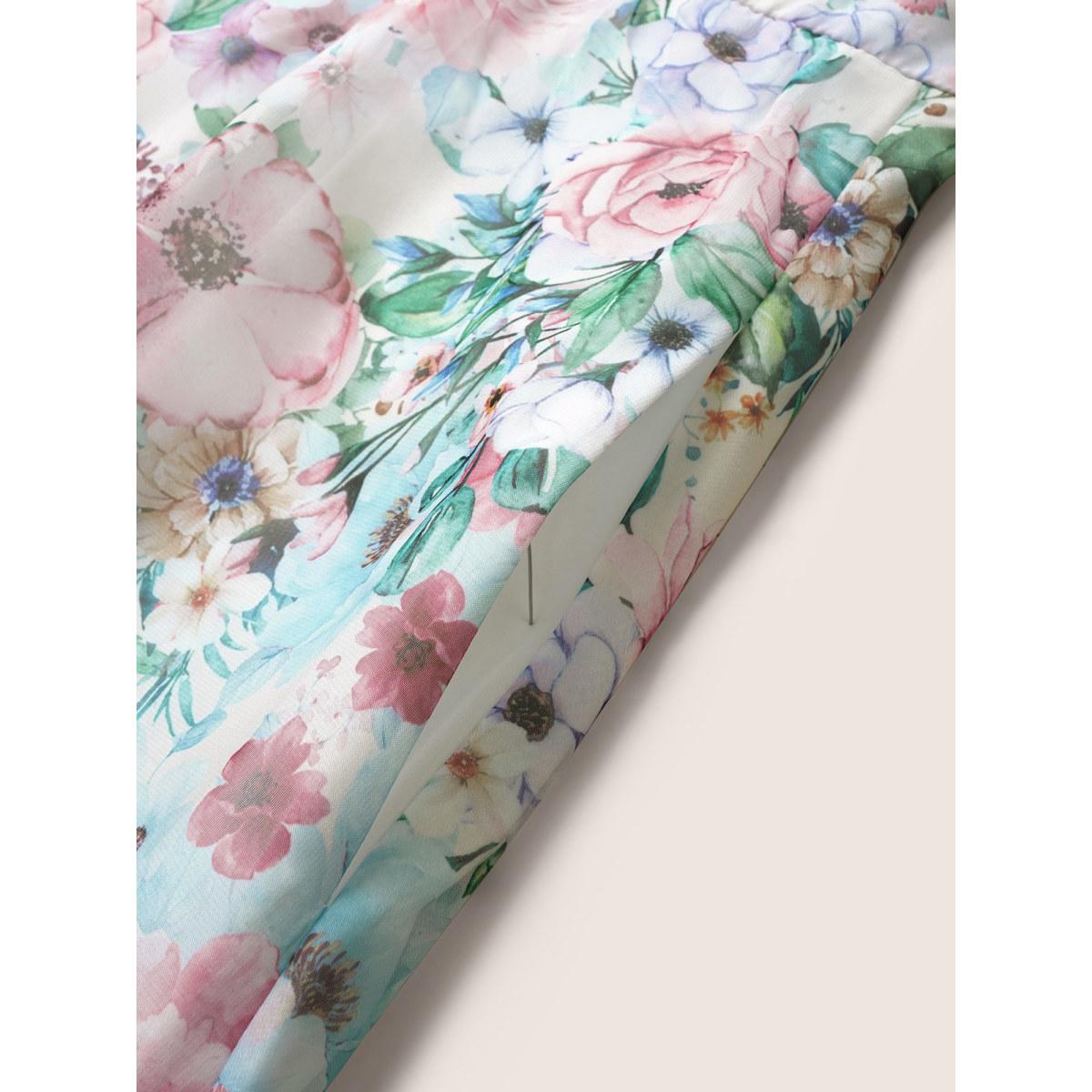 Plus Size Floral Mesh Elastic Waist Belted Cami Dress Champagne Women Elegant Belted U-neck Sleeveless Curvy BloomChic 30/6X Product Image