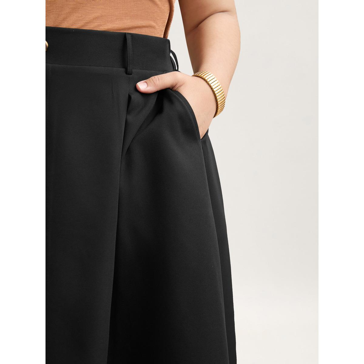 Plus Size Buckled Button Front Pleated Midi Skirt Women Black At the Office Pleated Low stretch Slanted pocket Work Skirts BloomChic 14-16/1X Product Image