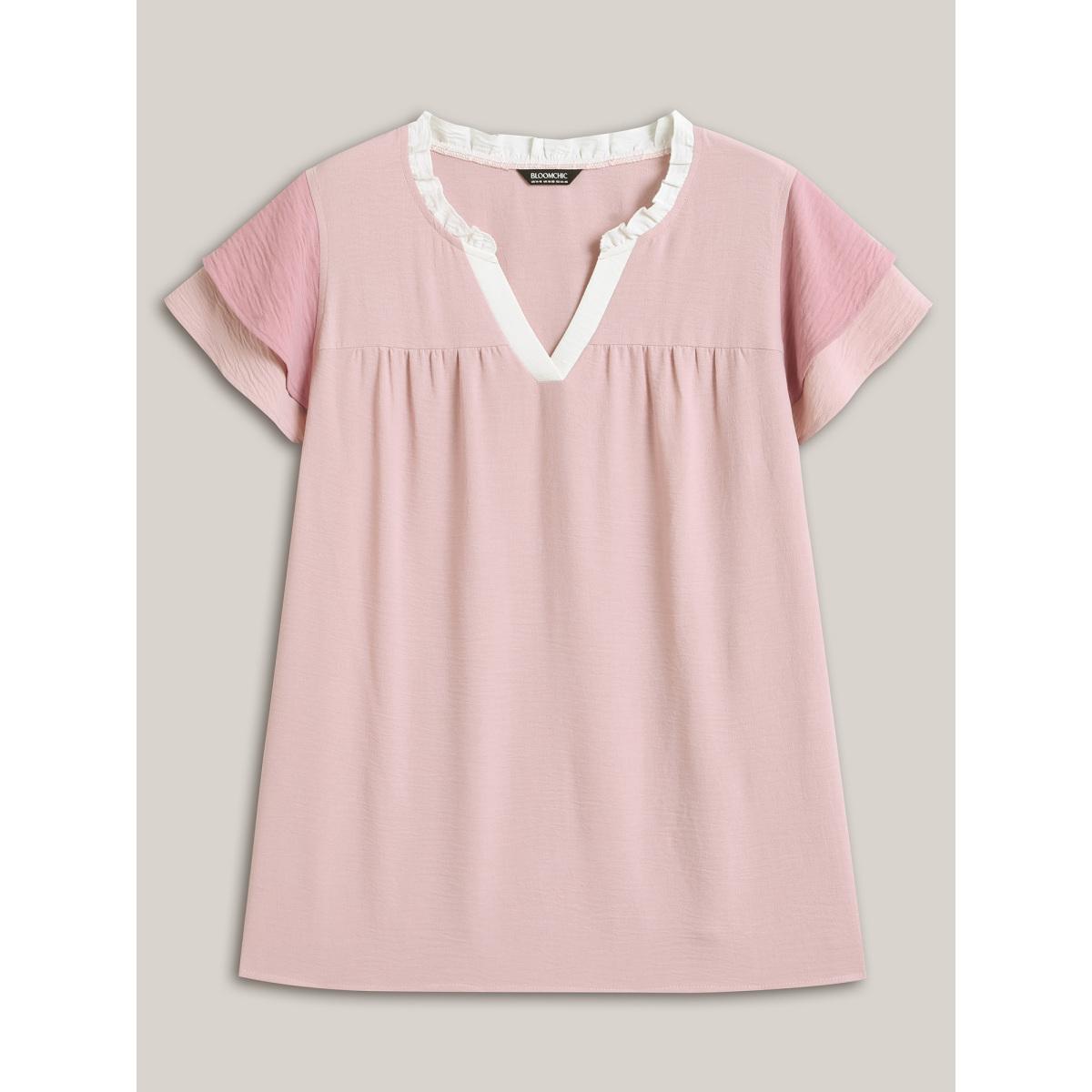 Plus Size Nudepink Color Contrast Ruffled Notched Collar Blouse Women Short sleeve Notched collar Everyday-Elegant Blouses BloomChic 10/M Product Image