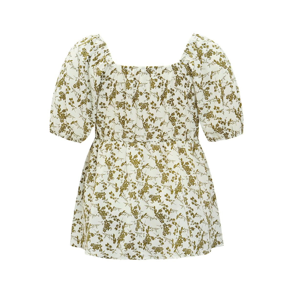 Plus Size Ivory Ditsy Floral Puff Sleeve Ruched Drawstring Blouse Women Elegant Half Sleeve Round Neck Dailywear Blouses BloomChic 12/L Product Image