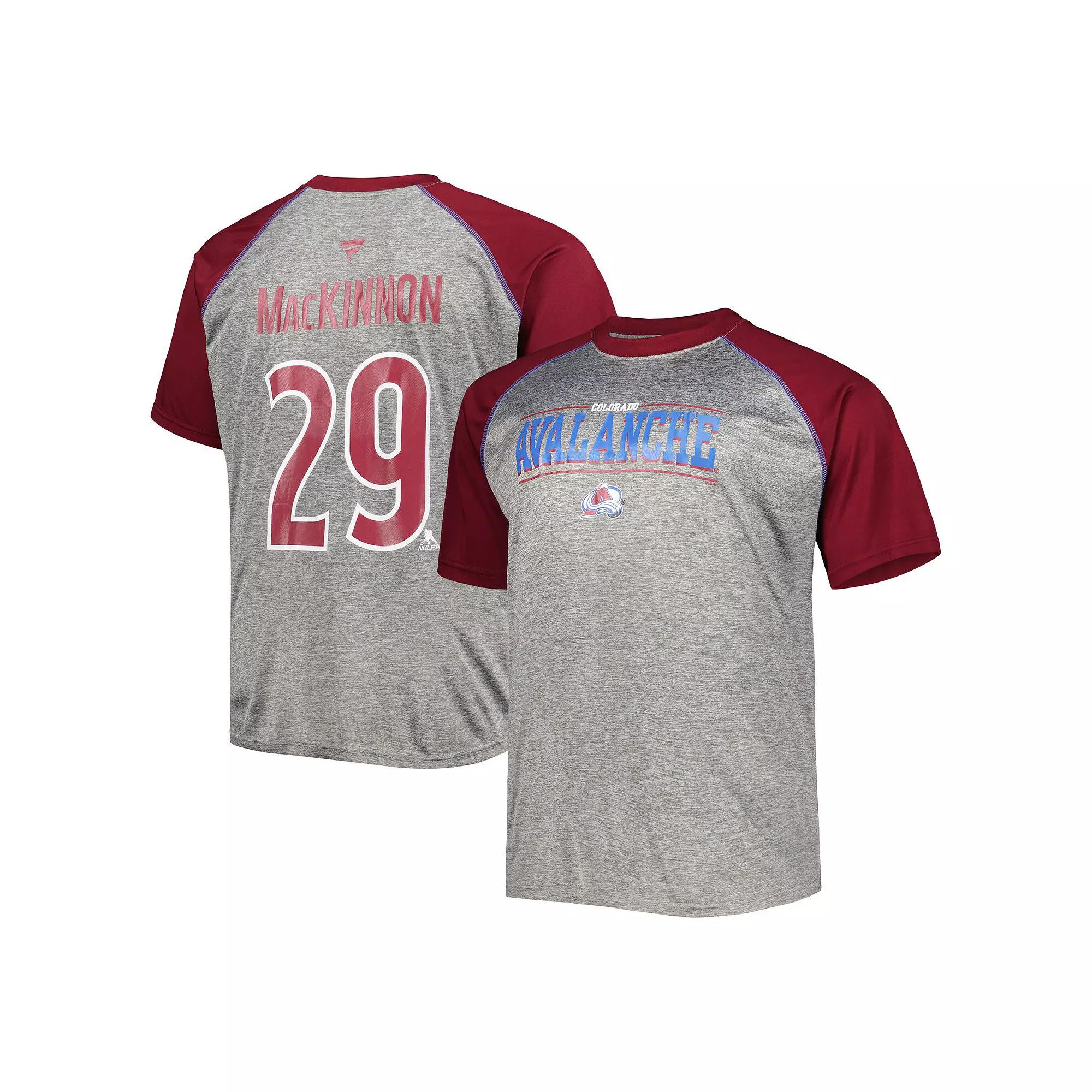 Men's Fanatics Branded Nathan MacKinnon Heather Gray/Burgundy Colorado Avalanche Big & Tall Contrast Raglan Name & Number T-Shirt, Size: XLT, Grey Product Image