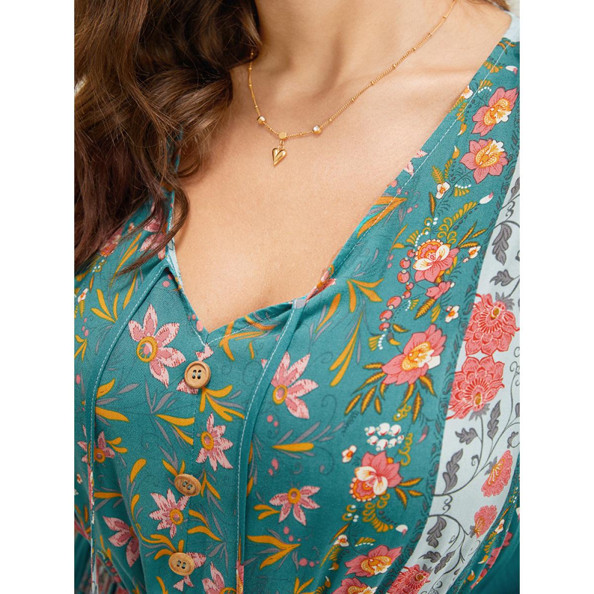 Plus Size Bandana Print Ruffle Sleeve Pocket Tie Neck Tassels Dress Emerald Women Vacation Tassels Tie Neck Short sleeve Curvy Knee Dress BloomChic 18-20/2X Product Image