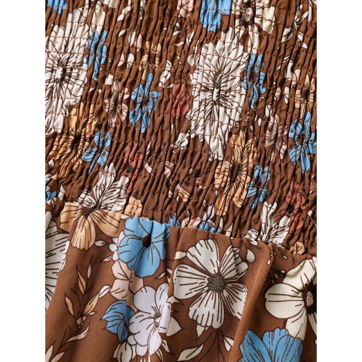 Plus Size Fall Florals Shirred Bodice Midi Dress Yellowishbrown Women Boho V-neck Short sleeve Curvy BloomChic 26/4X Product Image