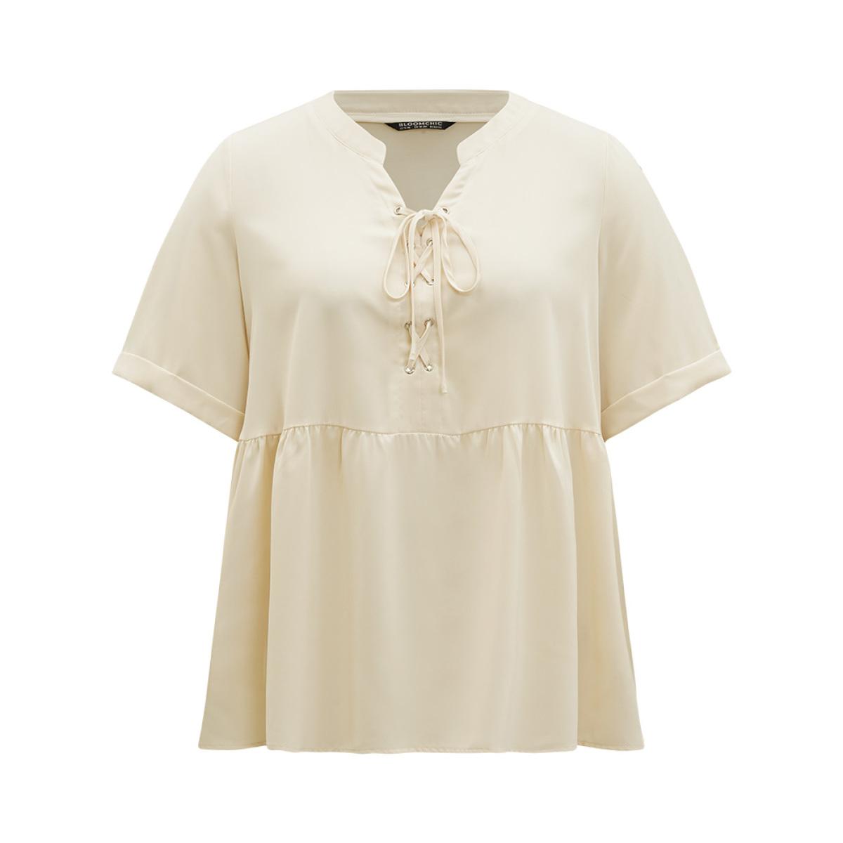 Plus Size Ivory Anti-Wrinkle Lace Up Notched Gathered Blouse Women Office Half Sleeve Tie Neck Work Blouses BloomChic 30/6X Product Image