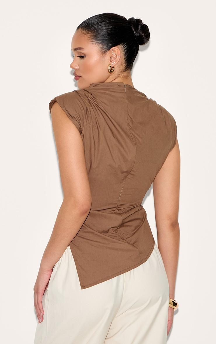 Brown Woven Shoulder Detail Asymmetric Hem Long Top Product Image