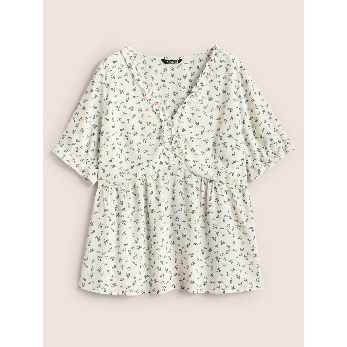 Plus Size White V Neck Ditsy Floral Frill Trim Blouse Women Elegant Short sleeve V-neck Everyday Blouses BloomChic 14-16/1X Product Image