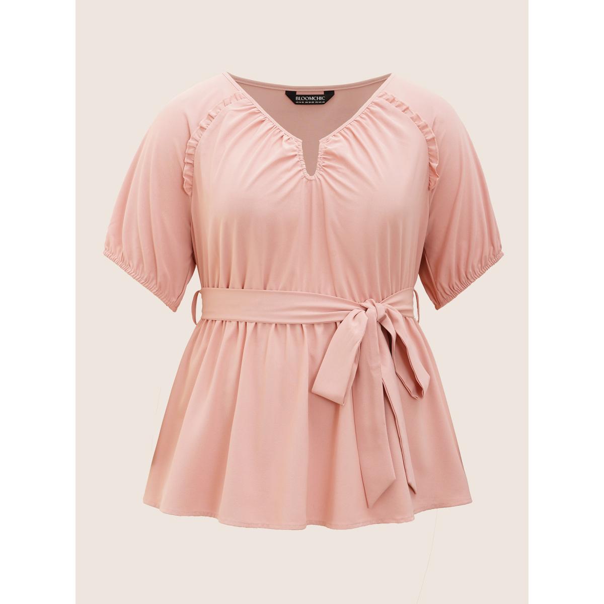 Plus Size Dirtypink Solid Frill Trim Lantern Sleeve Belted Blouse Women Elegant Short sleeve Notched collar Everyday Blouses BloomChic 12/L Product Image