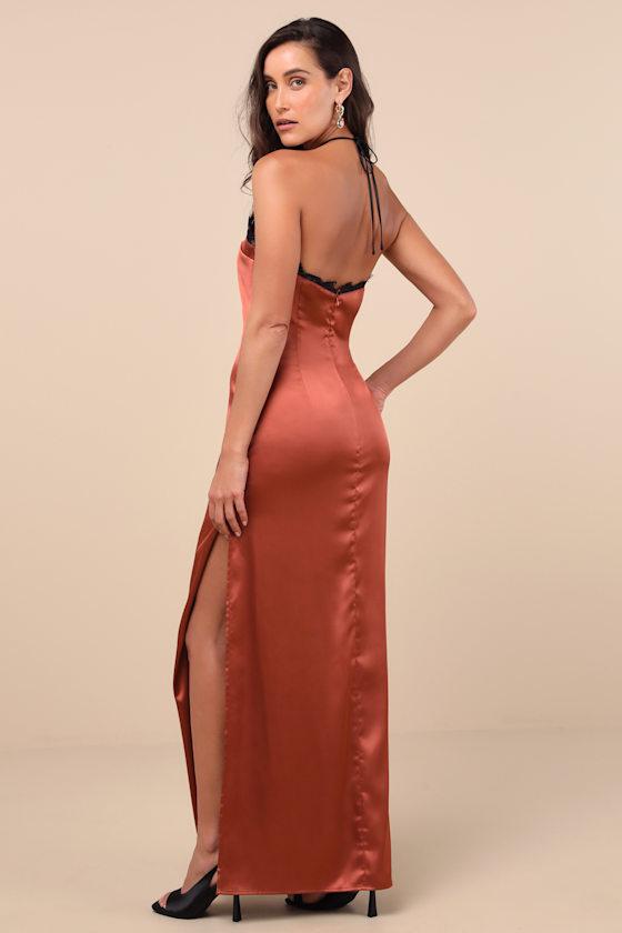 Mairwen Rust and Black Satin Lace Halter Maxi Dress Product Image