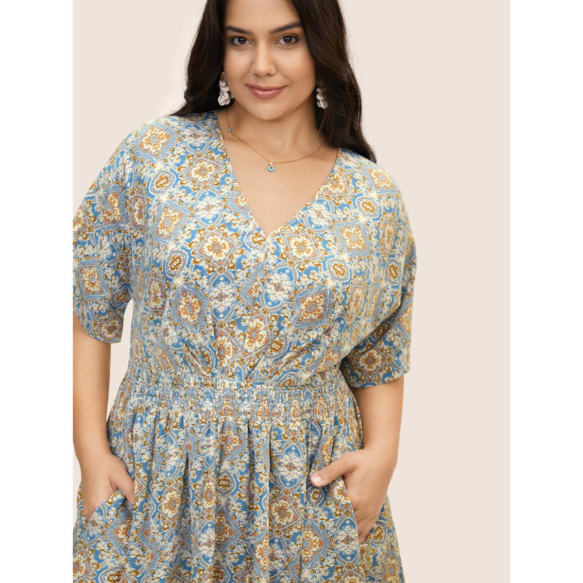 Plus Size Boho Print Shirred Pleated Maxi Dress Stone Women Resort Slit V-neck Half Sleeve Curvy BloomChic 22-24/3X Product Image