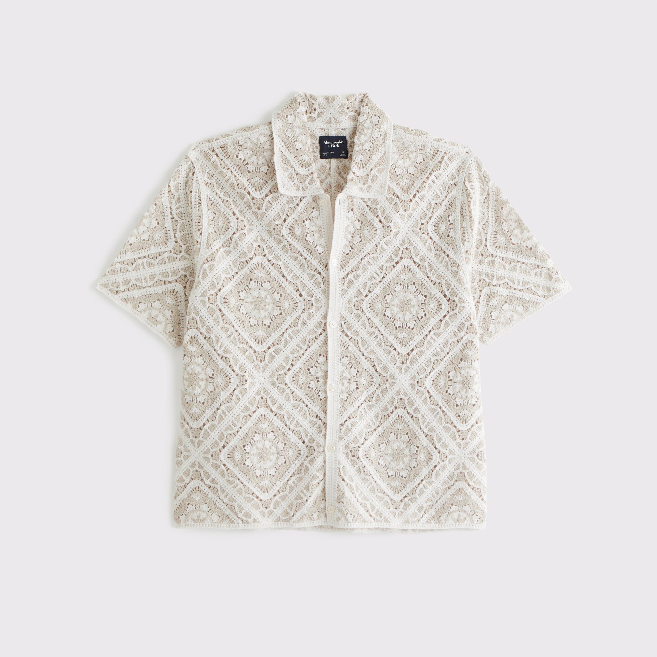 Crochet-Style Border Stripe Button-Through Sweater Polo Product Image