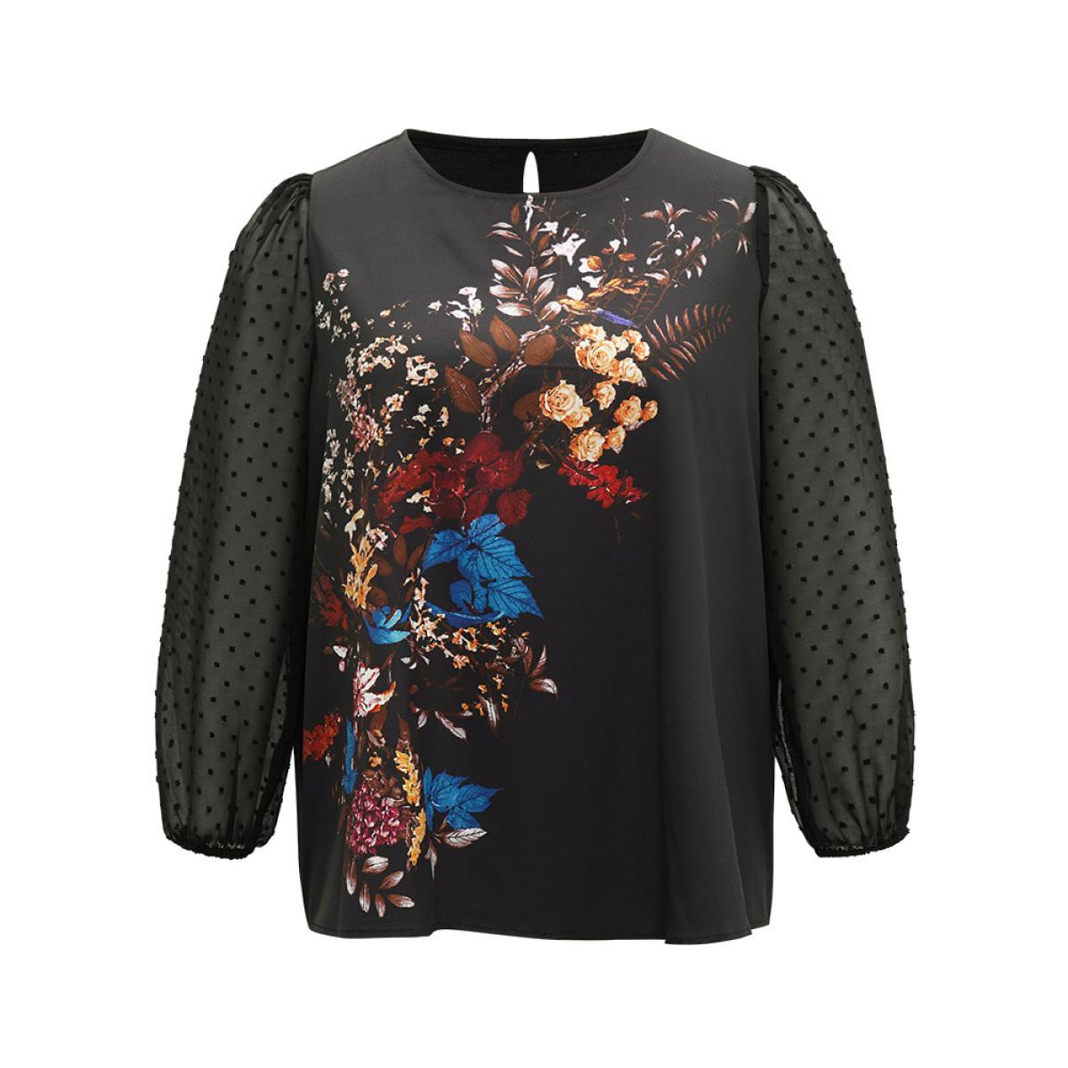 Plus Size Black Boho Print Patchwork Mesh Lantern Sleeve Blouse Women Elegant Long Sleeve Round Neck Dailywear Blouses BloomChic 18-20/2X Product Image