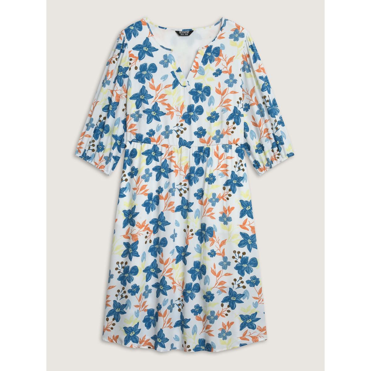 Plus Size Rayon Floral Stretchy Waist Pockets Midi Dress Multicolor Women Flat collar with V-notch Elbow-length sleeve Curvy BloomChic 14-16/1X Product Image