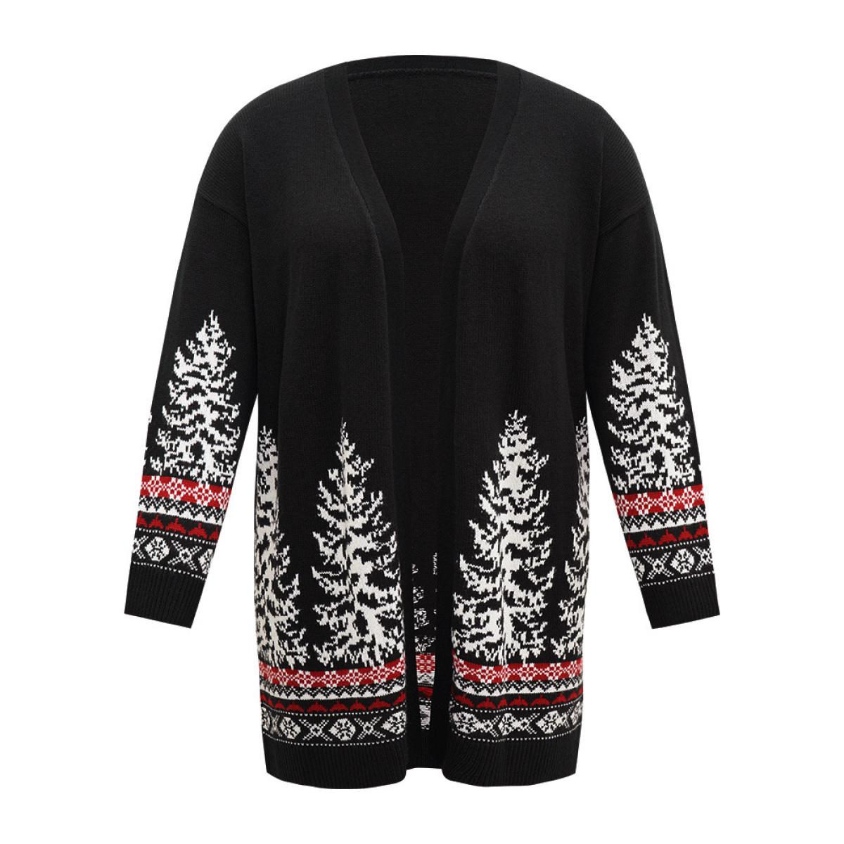 Plus Size Christmas Trees Contrast Cardigan Black Women Casual Loose Long Sleeve Festival-Christmas Cardigans BloomChic 14-16/1X Product Image