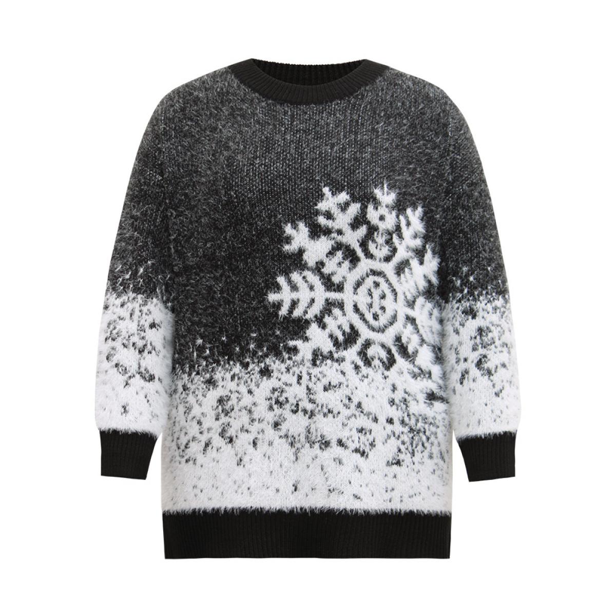 Plus Size Fuzzy Snowflake Elastic Cuffs Pullover Black Women Casual Loose Long Sleeve Round Neck Festival-Halloween Pullovers BloomChic 26/4X Product Image