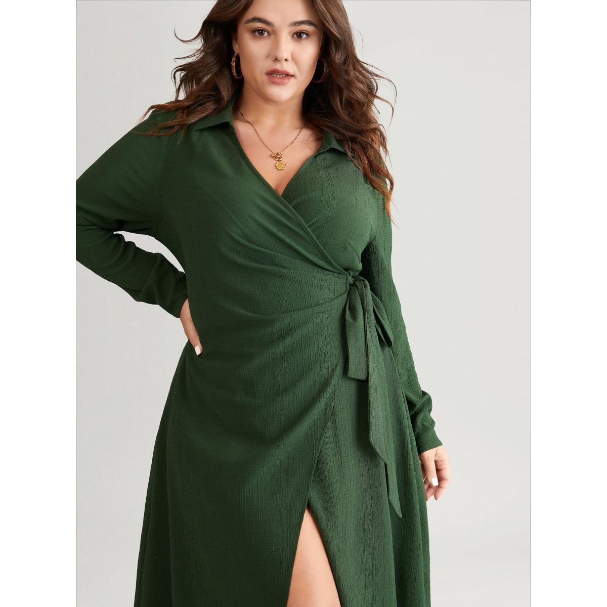Plus Size Plisse Surplice Neck Bowknot Side Wrap Hem Dress ArmyGreen Women Casual Texture Overlap Collar Long Sleeve Curvy Midi Dress BloomChic 14-16/1X Product Image