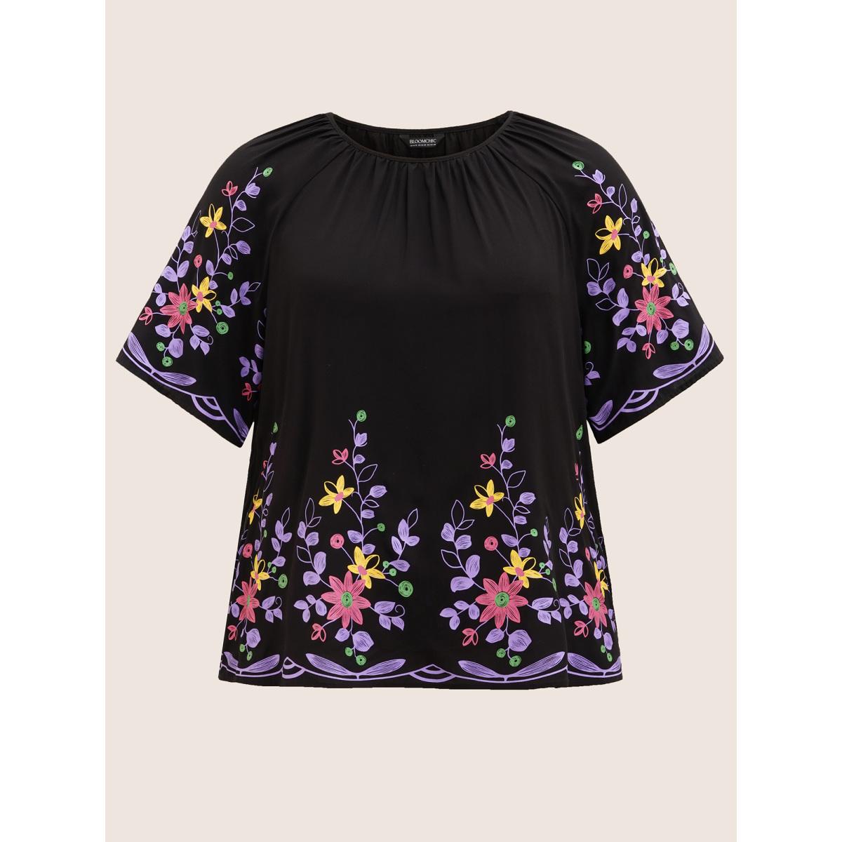 Plus Size Black Boho Print Gathered Ruffle Sleeve Blouse Women Elegant Half Sleeve Round Neck Everyday Blouses BloomChic 14-16/1X Product Image