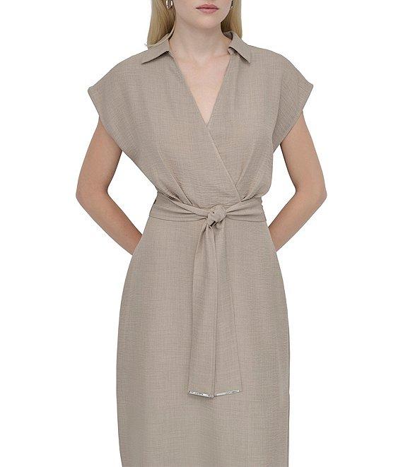 DKNY by Donna Karan V-Neck Collar Cap Sleeve Belted Midi Sheath Dress Product Image