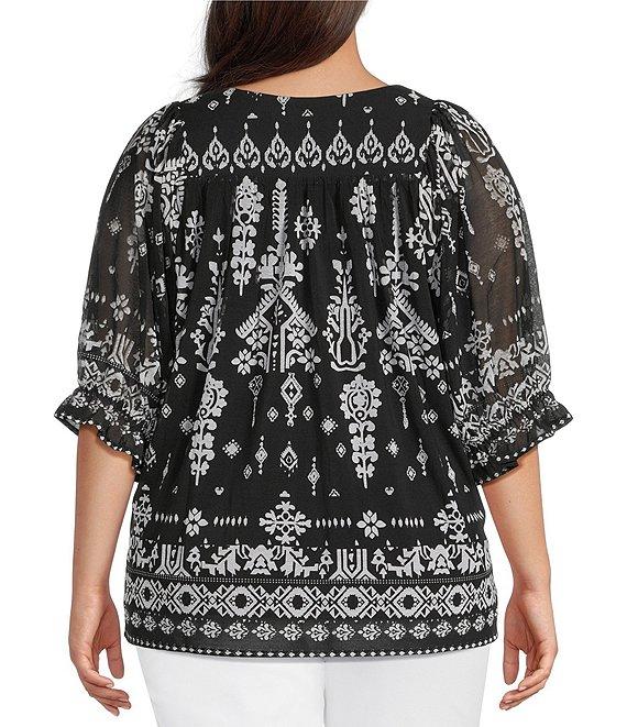 Calessa Plus Size Mesh Knit Abstract Mosaic Square Neck Elbow Puff Sleeve Blouse Product Image