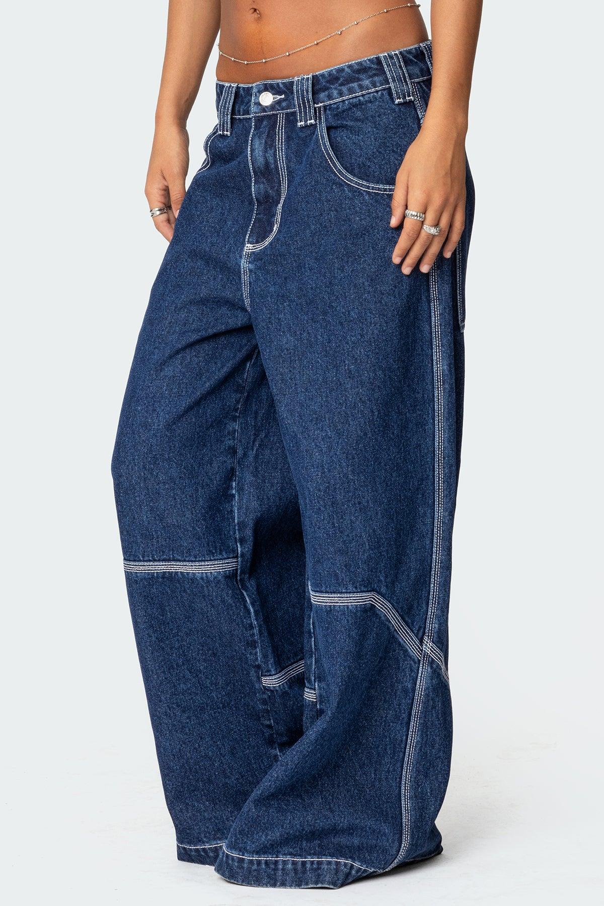 Super Wide Contrast Stitch Low Rise Jeans Product Image
