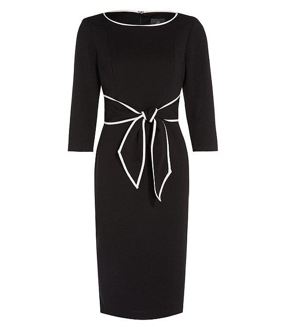 Adrianna Papell Contrasting Trim Boat Neck 3/4 Sleeve Tie Waist Crepe Sheath Dress Product Image