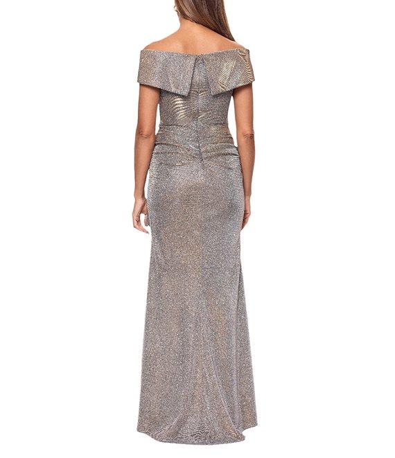 Xscape Petite Size Foil Knit Off The Shoulder Gown Product Image