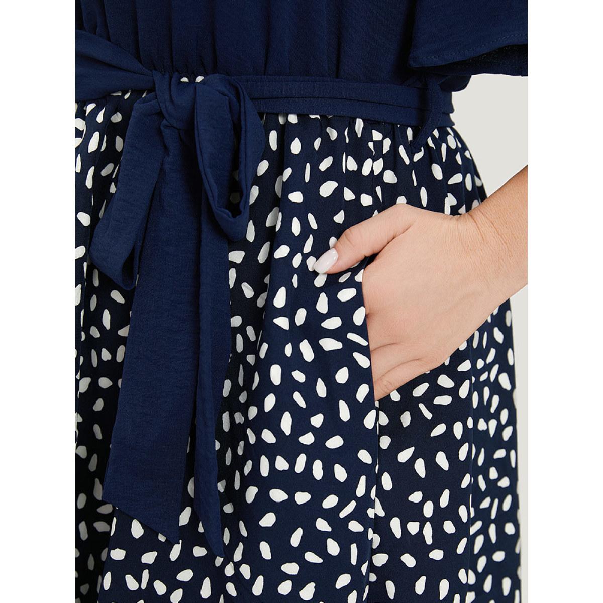 Plus Size Water Drop Print Patchwork Ruffle Zipper Belted Dress Navy Women Office Plain V-neck Short sleeve Curvy Midi Dress BloomChic 22-24/3X Product Image
