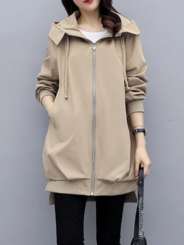Casual Loose 4 Colors Pleated Zipper Hooded Long Sleeves Outwear Product Image