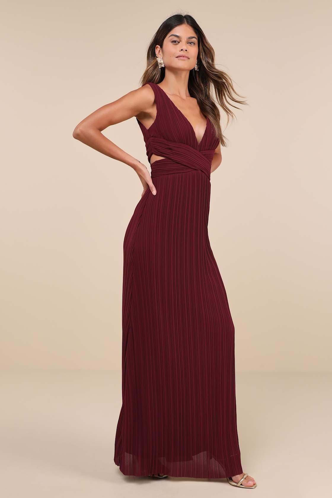 Compelling Poise Burgundy Plisse Cutout Sleeveless Maxi Dress Product Image