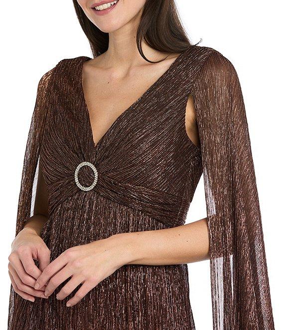 R & M Richards Crinkle Metallic Cape Sleeve Rhinestone Detail V-Neck Empire Waist Gown Product Image