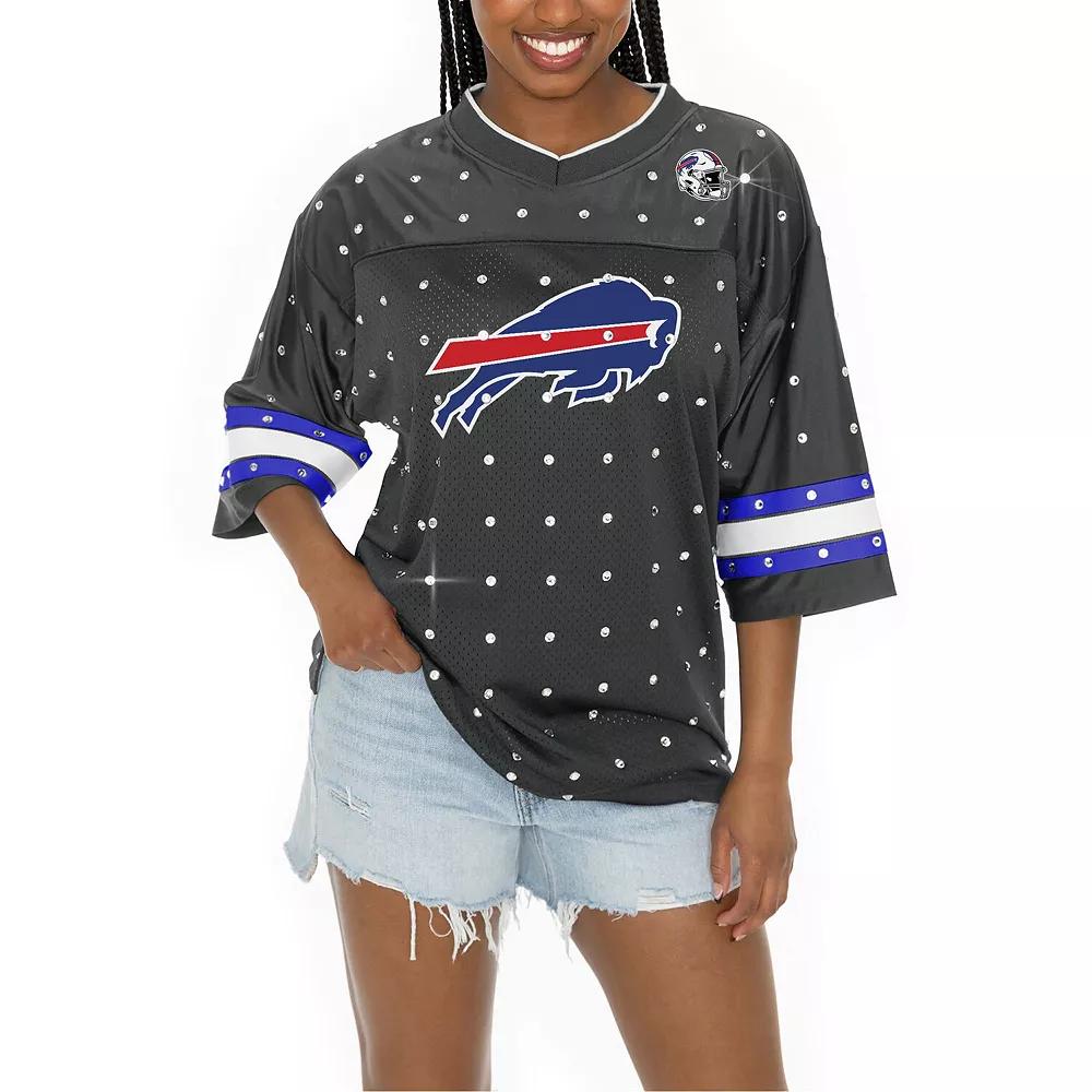 Women's Gameday Couture Anthracite Buffalo Bills All-Over Rhinestone Sports Stripe Kickoff Time V-Neck Fashion Half-Sleeve Jersey Top, Size: XS, Grey Product Image