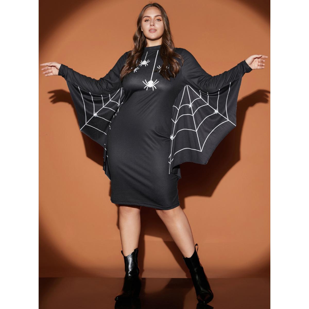 Plus Size Halloween Spider Web Dolman Sleeve Knee Dress Black Women Elegant Printed Mock Neck Long Sleeve Curvy Knee Dress BloomChic 26/4X Product Image