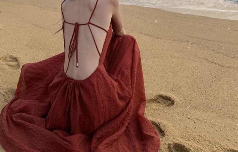 Spaghetti Strap Plain Open Back Maxi Sundress Product Image