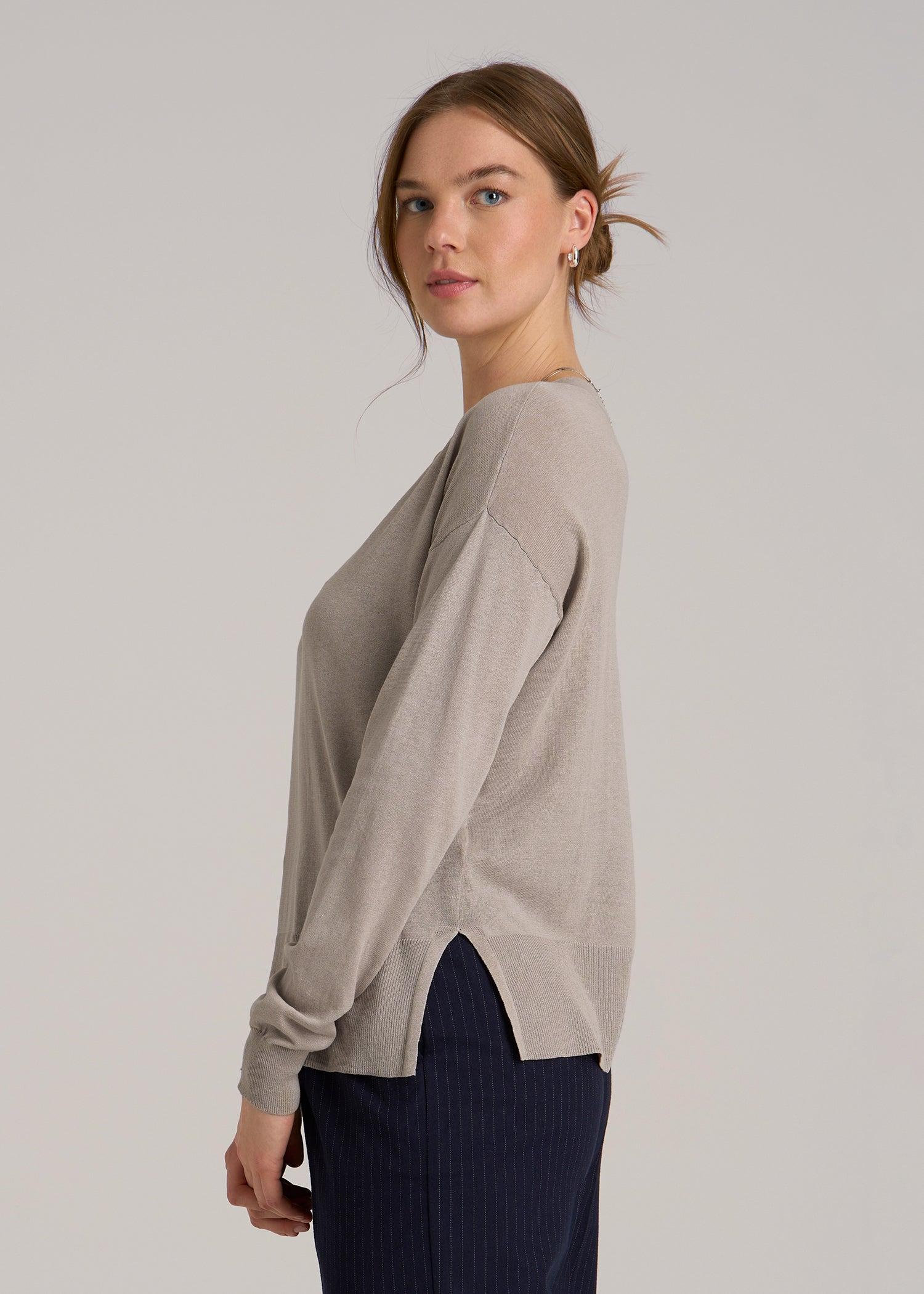 Linen Blend Split Hem V-Neck Sweater for Tall Women in Atmosphere Female Product Image
