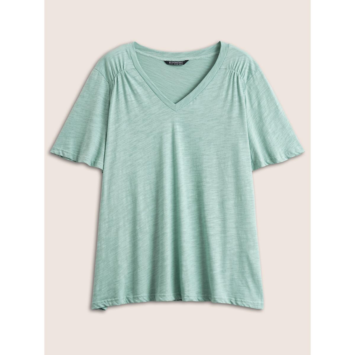 Plus Size Plain Ruffle Sleeve Heather V Neck T-shirt Mint Women Casual Plain V-neck Everyday T-shirts BloomChic 18-20/2X Product Image