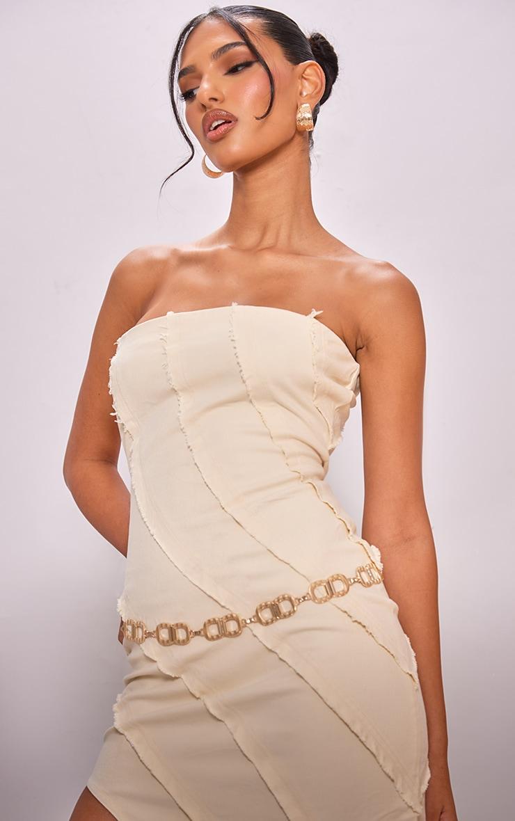 Stone Frayed Seam Detail Asymmetric Denim Midi Dress Product Image