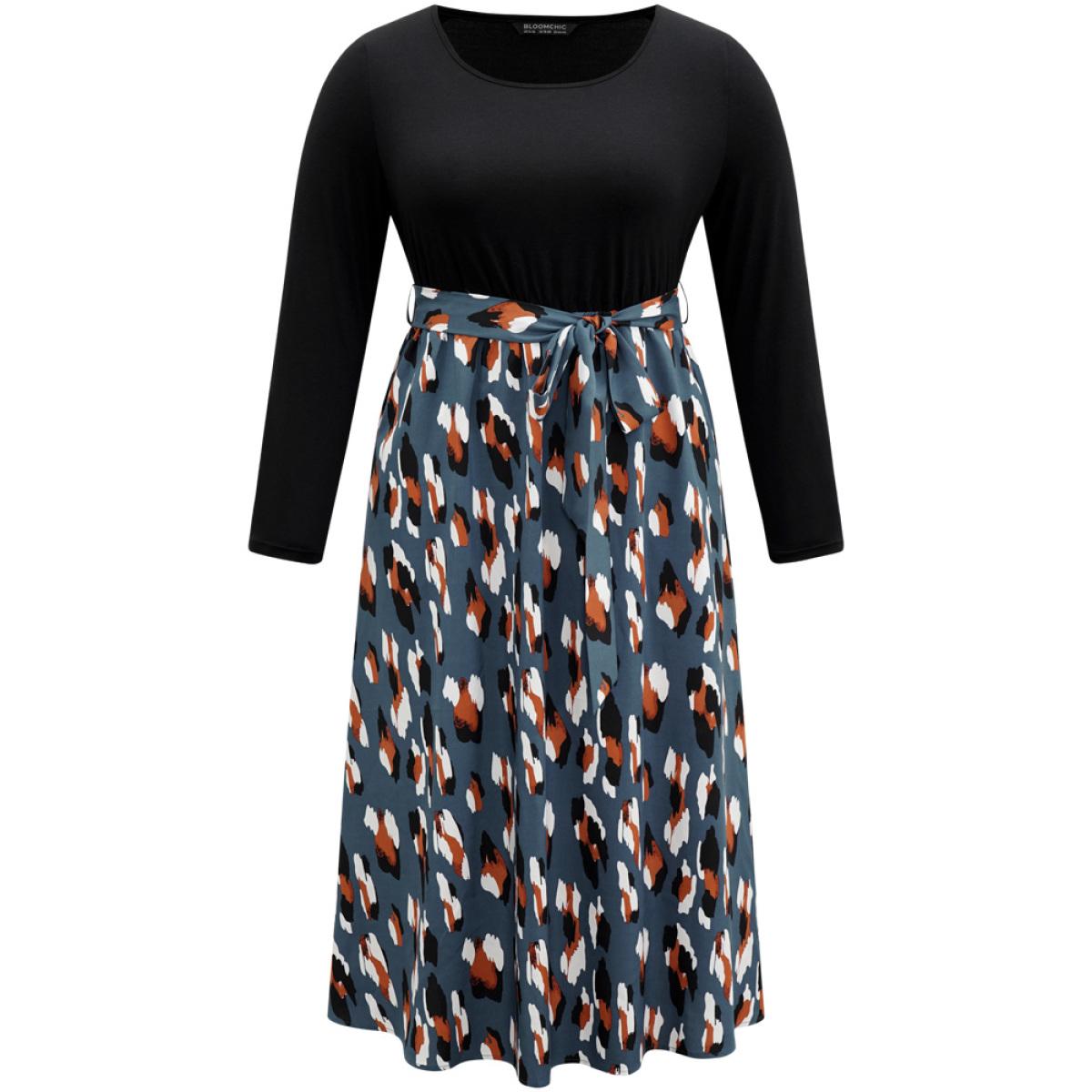 Plus Size Allover Print Patchwork Belted Pocket Dress Black Women Office Printed Round Neck Long Sleeve Curvy Midi Dress BloomChic 18-20/2X Product Image