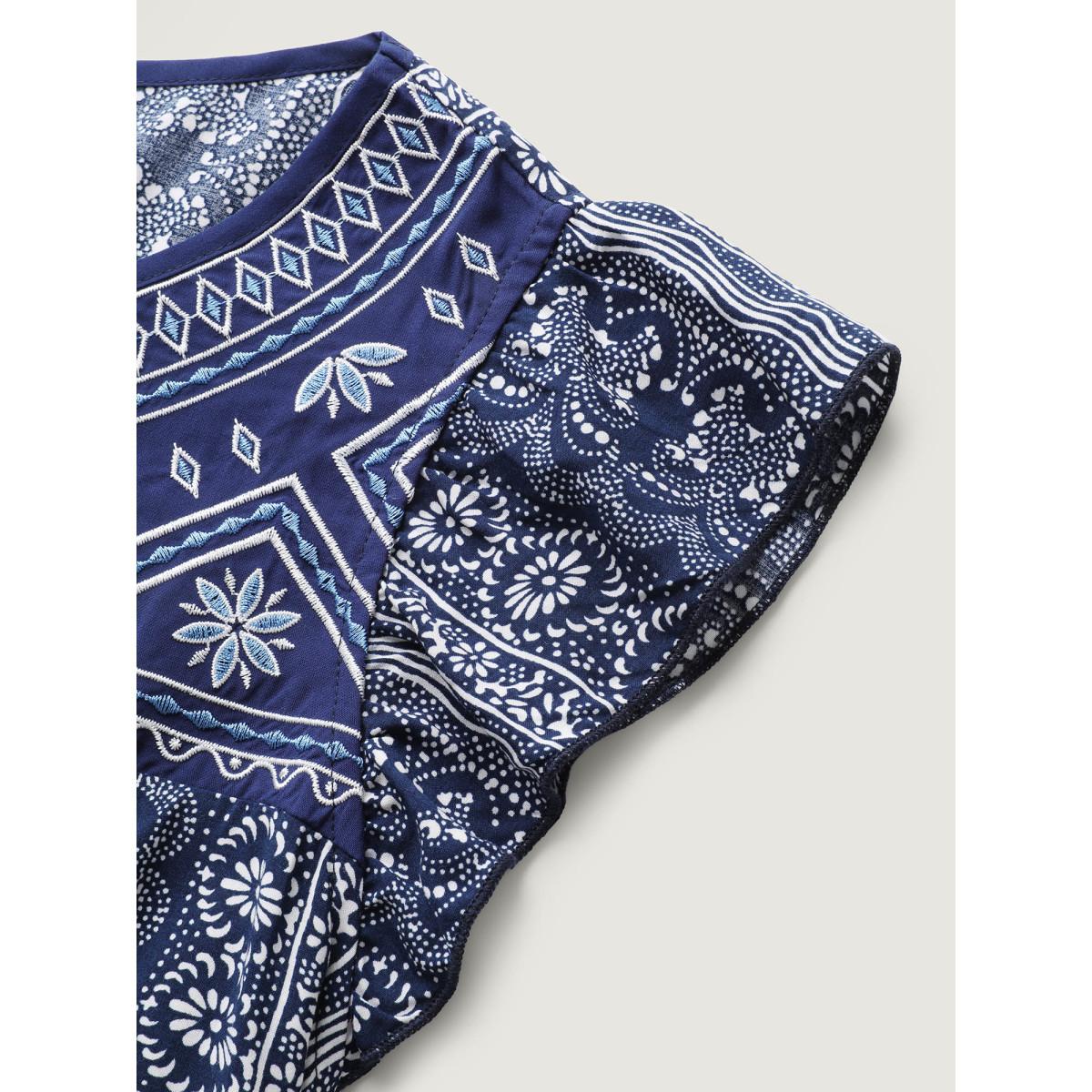 Plus Size Boho Embroidery Flutter Sleeve Tank Top Women Indigo Leisure Embroidered Round Neck Casual Tank Tops Camis BloomChic 14-16/1X Product Image