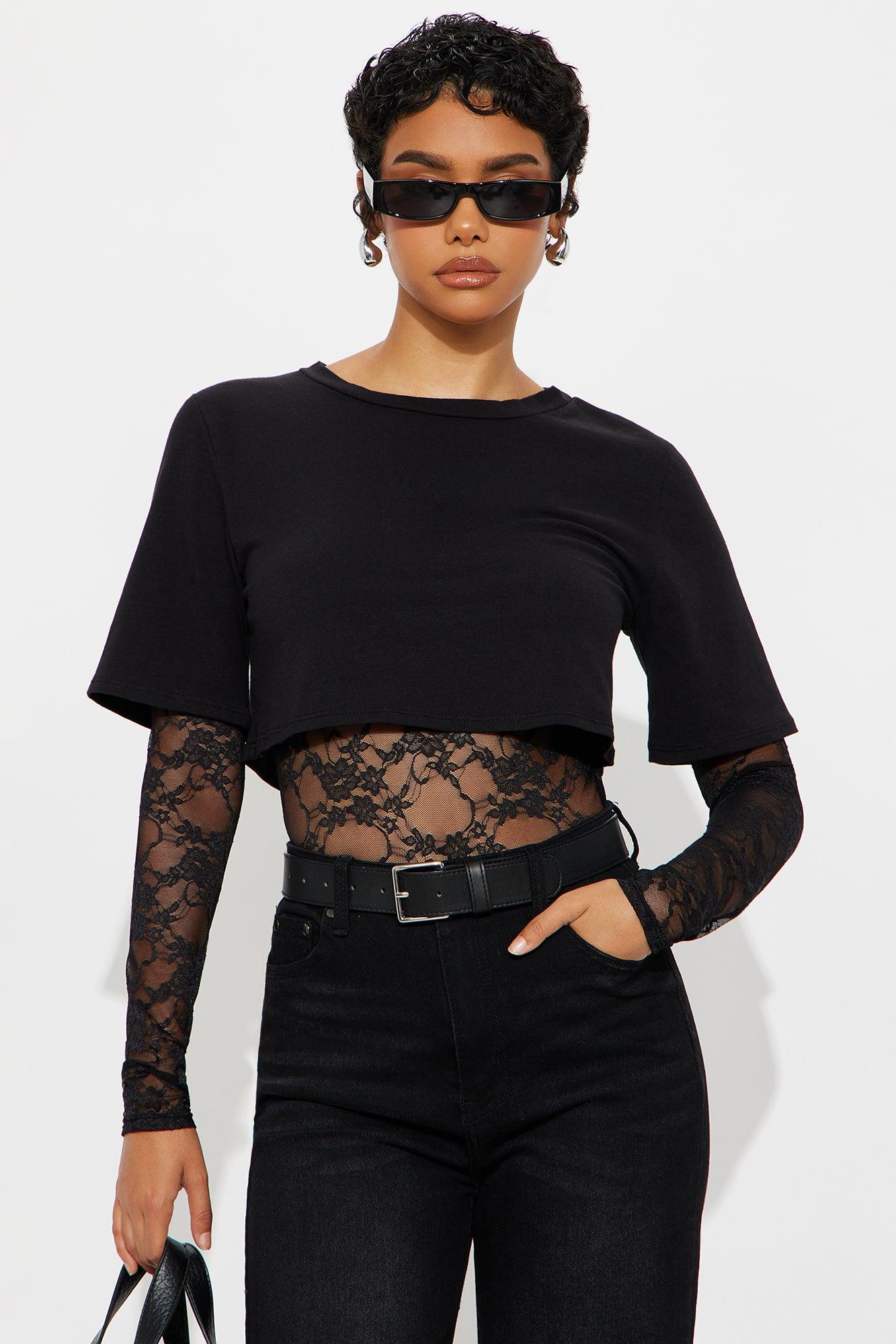 Unmatched Long Sleeve Lace Bodysuit - Black Female Product Image