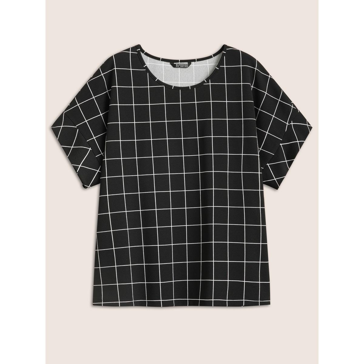 Plus Size Plaid Round Neck Batwing Sleeve T-shirt Black Women Work From Home Round Neck Work T-shirts BloomChic 12/L Product Image