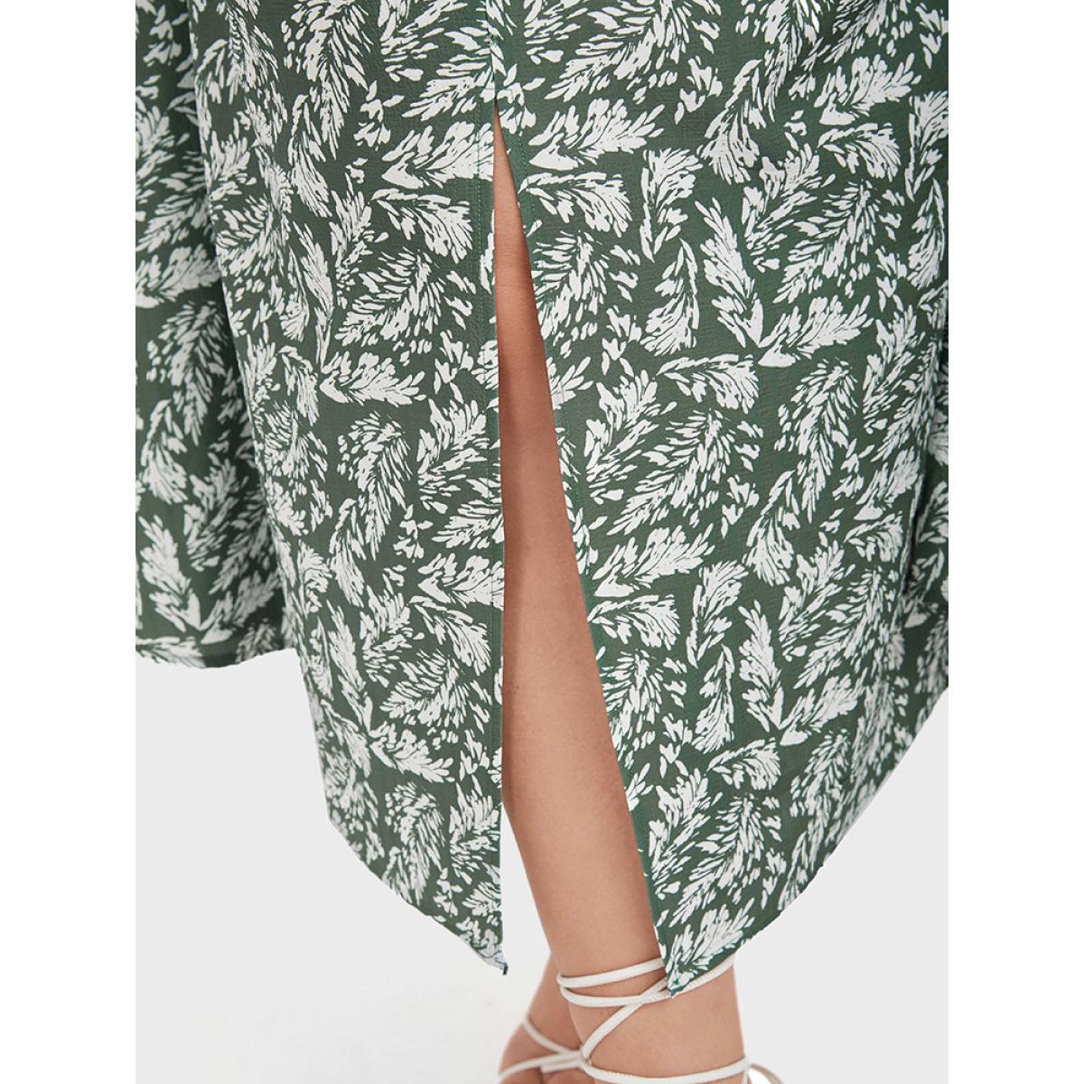 Plus Size Plants Printed V Neck Ruffles Split Midi Dress Green Women Casual Square Neck Short sleeve Curvy Midi Dress BloomChic 30/6X Product Image