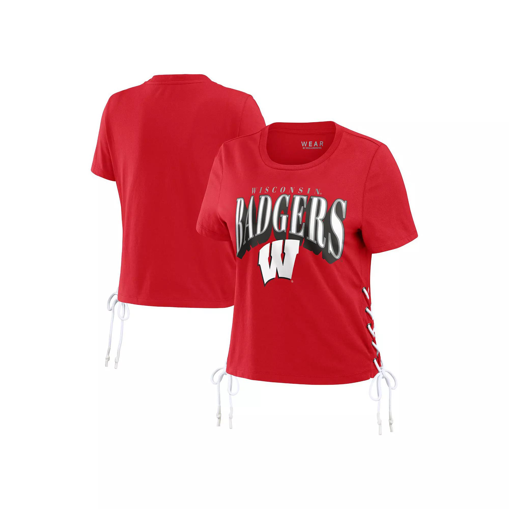Women's WEAR by Erin Andrews Red Wisconsin Badgers Side Lace-Up Modest Crop T-Shirt,  Product Image