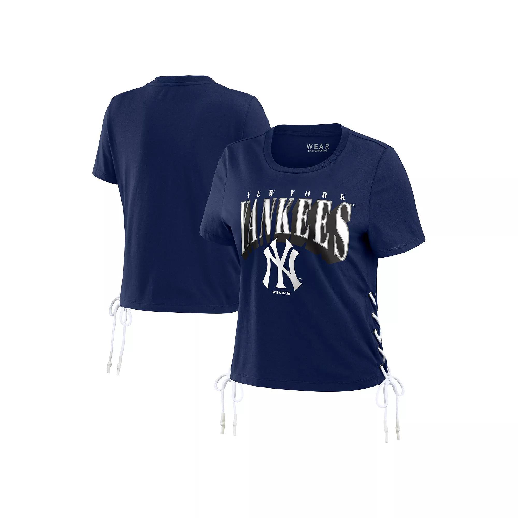Women's WEAR by Erin Andrews Navy New York Yankees Side Lace-Up Cropped T-Shirt,  Product Image