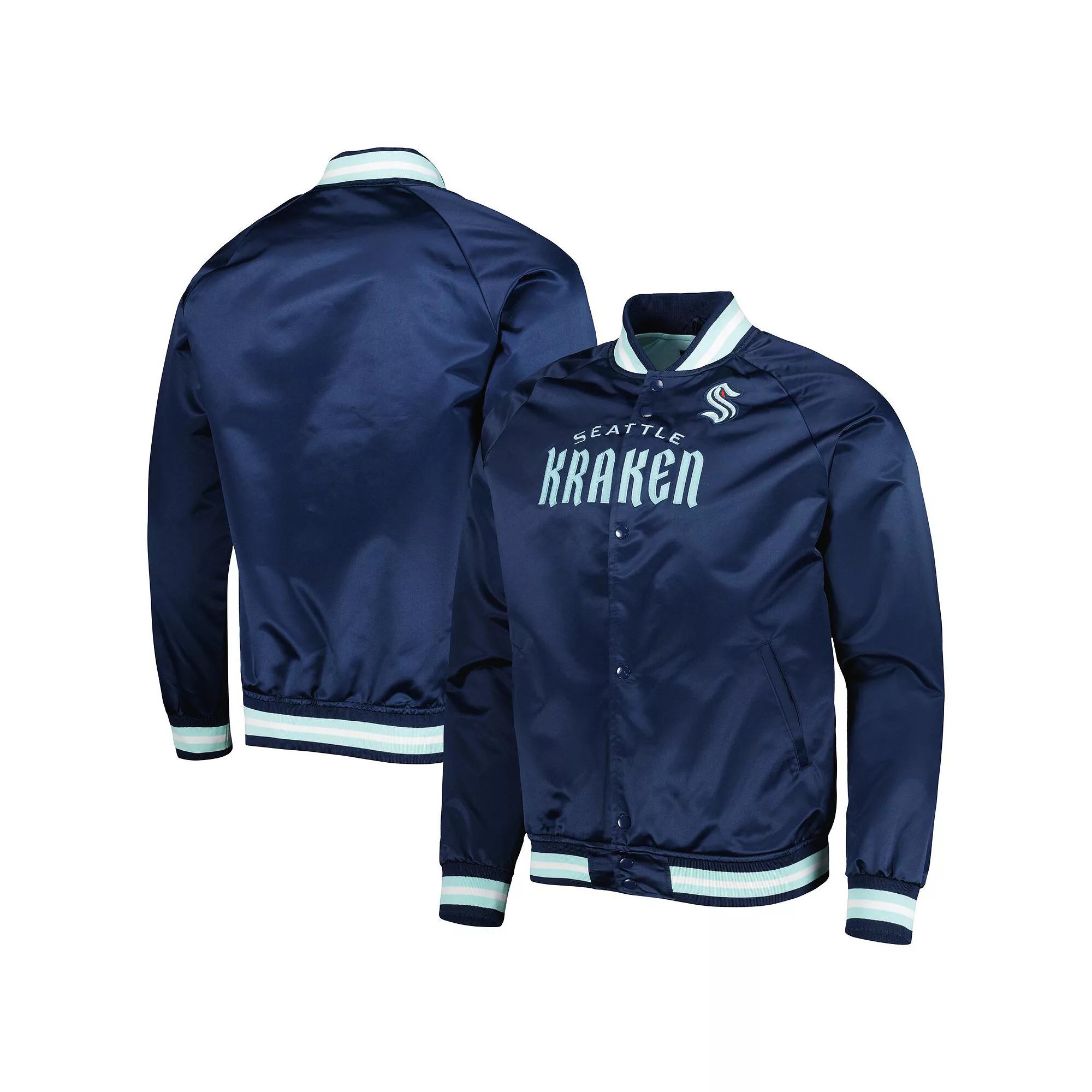 Men's Mitchell & Ness Deep Sea Blue Seattle Kraken Satin Full-Snap Raglan Varsity Jacket,  Product Image